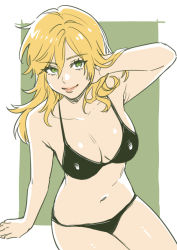 Rule 34 | 1girl, arm support, bikini, blonde hair, breasts, cleavage, collarbone, eva (metal gear), green eyes, hand in own hair, large breasts, long hair, looking at viewer, metal gear (series), metal gear solid 3: snake eater, navel, noriuma, shiny skin, sitting, smile, solo, swimsuit
