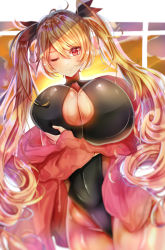 Rule 34 | 1girl, absurdres, alternate costume, azur lane, bad id, bad pixiv id, black one-piece swimsuit, blonde hair, blurry, blush, bow, breast hold, breasts, center opening, cleavage, cloud, cloudy sky, covered navel, cowboy shot, crossed arms, depth of field, dusk, dutch angle, hair bow, highres, jacket, large breasts, long hair, long sleeves, looking at viewer, nelson (azur lane), off shoulder, one-piece swimsuit, one eye closed, outdoors, red eyes, sky, solo, swimsuit, tub (abcehknqux), twintails