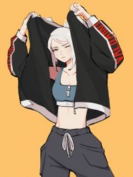 Rule 34 | 1girl, animification, black jacket, black pants, blue eyes, blue sports bra, breasts, cleavage, collarbone, frown, grey hair, highres, hyoon (sockgyu), jacket, jett (valorant), looking to the side, one eye closed, orange background, pants, simple background, solo, sports bra, sweatpants, valorant