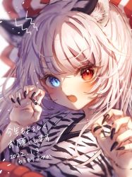 Rule 34 | 1girl, 2022, alternate costume, alternate eye color, animal ears, animal print, belt, black dress, black kimono, black nails, blue eyes, blush, bow, breasts, claws, dress, eyes visible through hair, fang, fangs, fingernails, fujiwara no mokou, grey hair, hands up, heterochromia, highres, japanese clothes, kimono, light, long fingernails, long hair, looking at viewer, medium breasts, multicolored bow, nail polish, open mouth, red belt, red bow, red eyes, shadow, simple background, solo, teeth, tiger ears, tiger print, touhou, upper body, upper teeth only, waramori fuzuka, white background, white bow, white dress, white hair, white kimono