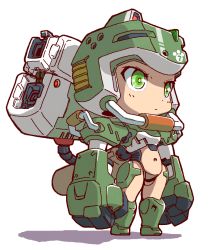 Rule 34 | 1girl, android, chibi, clenched hands, green eyes, helmet, looking ahead, mecha musume, stomach cutout, navel, original, science fiction, shaded face, shadow, solo, standing, yama (yamasaaru)