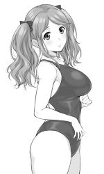 Rule 34 | 1girl, amagami, breasts, competition swimsuit, cowboy shot, greyscale, hair ribbon, long hair, looking at viewer, medium breasts, monochrome, nakata sae, one-piece swimsuit, ribbon, shouji nigou, simple background, solo, standing, swimsuit, twintails