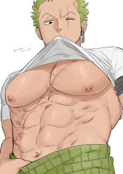 Rule 34 | 1boy, abs, absurdres, bara, barbell piercing, clothes in mouth, green hair, highres, large pectorals, lifting own clothes, male focus, mouth hold, multiple piercings, muscular, muscular male, navel piercing, nipples, niratama 10, one eye closed, one piece, pectorals, piercing, roronoa zoro, scar, scar across eye, shirt in mouth, short hair, shredded muscles, solo
