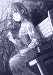 Rule 34 | 1girl, bad id, bad pixiv id, bench, blue theme, blush, candy apple, carrot hair ornament, closed mouth, dutch angle, floral print, food, food-themed hair ornament, hair between eyes, hair ornament, hand up, japanese clothes, kimono, legs together, looking at viewer, monochrome, obi, original, outdoors, park bench, sash, sitting, smile, solo, yoropa, yukata