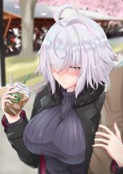 Rule 34 | 1girl, absurdres, ahoge, black jacket, black sweater, blush, breasts, closed mouth, contemporary, cup, disposable cup, fate/grand order, fate (series), hair between eyes, highres, isane, jacket, jeanne d&#039;arc (fate), jeanne d&#039;arc alter (avenger) (fate), jeanne d&#039;arc alter (fate), large breasts, long sleeves, looking at viewer, ribbed sweater, short hair, silver hair, sweater, yellow eyes