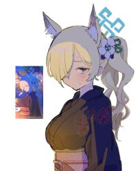 Rule 34 | 1girl, animal ears, black eyes, black kimono, blonde hair, blue archive, blue halo, blush, breasts, closed mouth, flower, fox ears, halo, highres, japanese clothes, kanna (blue archive), kimono, large breasts, looking at viewer, nyan oe, official alternate costume, ponytail, solo, sweatdrop, twitter