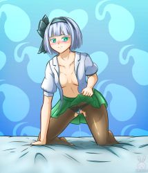 Rule 34 | 1girl, arm support, artist logo, artist name, bed, bed sheet, blue background, blush, breasts, clothes lift, clothing aside, collarbone, colored eyelashes, commentary, english commentary, green eyes, green skirt, hair ribbon, hairband, highres, kneeling, konpaku youmu, leaning forward, lifted by self, looking at viewer, no bra, on bed, open clothes, open shirt, panties, panties aside, panties under pantyhose, pantyhose, poffusagi, pussy, pussy juice, ribbon, sheet grab, shirt, skirt, skirt lift, small breasts, solo, striped clothes, striped panties, torn clothes, torn pantyhose, touhou, underwear, watermark, white hair, white shirt