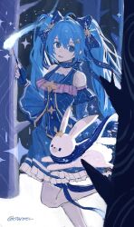 Rule 34 | 1girl, ahoge, bagml, bare shoulders, blue dress, blue eyes, blue hair, bow, collarbone, constellation, constellation print, detached sleeves, dress, feet out of frame, fingerless gloves, forest, frilled dress, frilled thighhighs, frills, from side, gloves, hair between eyes, hair bow, hair ornament, hairclip, hatsune miku, highres, holding, holding wand, long hair, looking at viewer, nature, open mouth, outdoors, rabbit yukine, ribbon, scarf, sidelocks, signature, smile, snow, solo, star (symbol), star hair ornament, thighhighs, twintails, very long hair, vocaloid, walking, wand, white thighhighs, yuki miku, yuki miku (2017)