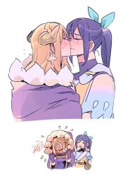 Rule 34 | 2girls, blue ribbon, blush, cape, capelet, closed mouth, commentary request, earrings, embarrassed, flying sweatdrops, genjitsu no yohane, gloves, hair ribbon, highres, hood, hooded capelet, horns, jewelry, kanan (genjitsu no yohane), kiss, korean commentary, long hair, looking at another, love live!, love live! sunshine!!, mari (genjitsu no yohane), matsuura kanan, multiple girls, ohara mari, pito (sh02327), ponytail, purple cape, purple gloves, purple hair, ribbon, simple background, smile, star (symbol), star earrings, sweat, white background, yuri