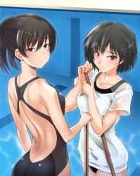 Rule 34 | 2girls, amagami, backless outfit, bare back, bare shoulders, black hair, broom, cleaning, collarbone, commentary request, competition swimsuit, cowboy shot, embarrassed, looking at viewer, multiple girls, murasaki iro, nanasaki ai, one-piece swimsuit, ponytail, pool, see-through, shirt, short hair, short sleeves, standing, sweatdrop, swimsuit, swimsuit under clothes, tsukahara hibiki, wavy mouth, white shirt