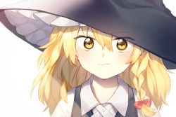 Rule 34 | 1girl, black hat, black vest, blonde hair, blush, bow, braid, closed mouth, collar, eyes visible through hair, frills, hair between eyes, hair bow, hat, hat bow, highres, jill 07km, kirisame marisa, light, long hair, looking at viewer, red bow, shirt, simple background, single braid, smile, solo, touhou, vest, white background, white bow, white collar, white shirt, white sleeves, witch hat, yellow eyes