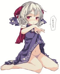 Rule 34 | 1girl, bare shoulders, barefoot, blue dress, blush, clothing cutout, commentary request, dress, full body, hand up, highres, horn ornament, horn ribbon, horns, jitome, joou heika (precare deum), lifted by self, looking at viewer, navel, parted lips, red eyes, ribbon, short hair, shoulder cutout, silver hair, simple background, sitting, solo, touhou, toutetsu yuuma, translated, wariza, white background