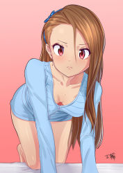 Rule 34 | 00s, 1girl, artist name, bad id, bad pixiv id, breasts, brown hair, cleavage, downblouse, earrings, hairband, idolmaster, idolmaster (classic), jewelry, long hair, looking at viewer, minase iori, red eyes, ribbon, simple background, small breasts, solo, yoshiwa tomo