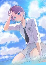 Rule 34 | 1girl, ahoge, arm support, asakura toru, black bracelet, black necktie, blue eyes, blue hair, blue sky, blush, brown hair, cloud, collarbone, day, dot nose, dutch angle, earrings, emblem, from below, gradient hair, grey skirt, hand on own head, hand up, hatorika siso, highres, idolmaster, idolmaster shiny colors, jewelry, looking at viewer, multicolored hair, necktie, outdoors, parted bangs, parted lips, pleated skirt, school uniform, shirt, short hair, sitting, skirt, sky, sleeves rolled up, smile, solo, wariza, water, wet, white shirt