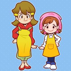 Rule 34 | 2girls, 5-volt, apron, bandana, blue background, blue pants, blush, blush stickers, brown eyes, brown hair, clenched hand, cooking mama, crossover, green pants, hair ornament, hairclip, hand on own hip, highres, long sleeves, looking at viewer, loveycloud, mature female, multiple girls, nintendo, outline, pants, patterned background, pocket, polka dot headwear, red footwear, red shirt, shirt, shoes, short hair, smile, swept bangs, warioware, white footwear, white outline, white shirt, yellow apron