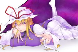 Rule 34 | 1girl, armband, ass, blonde hair, blondy (ldlong), bow, breast hold, breasts, covered erect nipples, double v, dress, eyebrows, eyes visible through hair, female focus, fingernails, gap (touhou), hair over shoulder, half-closed eyes, hat, hat ribbon, highres, hip focus, kneehighs, large breasts, leg up, long hair, long sleeves, looking at viewer, lying, mob cap, on stomach, purple eyes, ribbon, simple background, smile, socks, solo, tabard, touhou, v, white background, white dress, white socks, wide sleeves, yakumo yukari