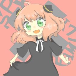 Rule 34 | 1girl, anya (spy x family), artist request, black dress, blush, child, dress, green eyes, highres, medium hair, open mouth, pink background, pink hair, smile, solo, spy x family