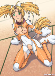 Rule 34 | 00s, 1girl, animal costume, animal ears, animal hands, blonde hair, blush, breastless clothes, breasts, breasts out, cat costume, cat ears, cat tail, cleft of venus, collar, crotchless, dears, facial mark, gloves, green eyes, long hair, nia (dears), nipples, no panties, paw gloves, paw shoes, pussy, shoes, small breasts, solo, spandex, speh, tail, uncensored
