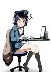 Rule 34 | 1girl, ^^^, bad id, bad nicoseiga id, blue eyes, blue hair, blush, breasts, cleavage, computer, dlsite.com 15 year anniversary contest, dress shirt, hat, highres, laptop, matching hair/eyes, mouse (computer), off shoulder, open mouth, shirt, short hair, simple background, sitting, small breasts, solo, surprised, sweat, toe scrunch, white background, yuuichi (reductionblack)
