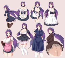Rule 34 | 1girl, apron, arm behind back, bad anatomy, breasts, cleavage, green eyes, highres, kurokawa makoto, large breasts, long hair, love live!, love live! school idol festival, love live! school idol project, low twintails, maid, maid apron, maid headdress, multiple views, puffy sleeves, purple hair, scrunchie, simple background, thighhighs, tojo nozomi, twintails, waist apron
