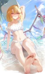 Rule 34 | 1girl, absurdres, alternate costume, arm support, arm up, bare legs, barefoot, bikini, blonde hair, blue sky, blush, breasts, commentary, crystal wings, feet, flandre scarlet, foot focus, frilled bikini, frills, hat, highres, licking lips, looking at viewer, medium hair, mookie (e mook9), navel, ocean, outdoors, red eyes, shallow water, sitting, sky, small breasts, smile, soles, solo, stomach, sun hat, swimsuit, toes, tongue, tongue out, touhou, water, white bikini, white hat, wide hips