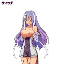 Rule 34 | 1girl, blue eyes, blush, breast lift, breasts, clothes pull, dress, dress pull, frown, garter straps, hair between eyes, inverted nipples, isabelle (shadowverse), large breasts, long hair, looking at viewer, multicolored hair, nipples, purple hair, shadowverse, short dress, solo, tears, thighhighs, waero, wavy mouth, white background, white hair
