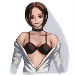 Rule 34 | 1girl, bra, brown eyes, brown hair, choker, closed mouth, collarbone, kzzang, lipstick, looking at viewer, nana (series), osaki nana, piercing, short hair, simple background, solo, unbuttoned, underwear, upper body, white background