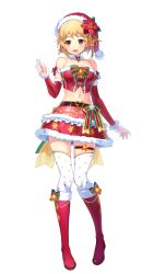 Rule 34 | 1girl, :d, bare shoulders, bell, belt, blonde hair, boots, bow, bowtie, breasts, brown eyes, choker, christmas, crop top, detached sleeves, flower, full body, fur collar, fur trim, haru estia, hat, hat flower, knee boots, large breasts, long sleeves, looking at viewer, midriff, miniskirt, navel, official art, open mouth, red footwear, red hat, red shirt, red skirt, revealing clothes, santa costume, santa hat, shirt, short hair, simple background, skirt, smile, solo, soulworker, stomach, strapless, strapless shirt, thigh strap, thighhighs, white background, white thighhighs, zettai ryouiki