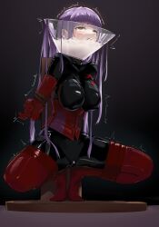 Rule 34 | 1girl, arms behind back, asagami fujino, bdsm, black gloves, bodysuit, bondage, bondage outfit, boots, bound, breasts, corset, cum, cum in mouth, fate/grand order, fate (series), gloves, gokkun, highres, impossible clothes, kara no kyoukai, large breasts, latex, latex bodysuit, latex gloves, latex legwear, long hair, open mouth, purple hair, red corset, red eyes, red footwear, red gloves, rope, skindentation, solo, squatting, thigh boots, tongue, tongue out