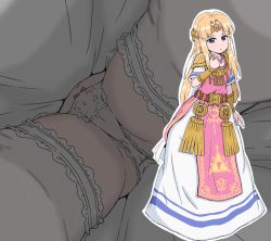 Rule 34 | 1girl, ass, babibubetazumida, belt, blonde hair, blue eyes, cameltoe, commentary request, commission, dress, elf, from below, gem, highres, jewelry, legs, long hair, lower body, mtu virus, multiple views, navel, necklace, nintendo, panties, pixiv commission, pointy ears, princess, princess zelda, tabard, the legend of zelda, the legend of zelda: a link between worlds, thighhighs, thighs, underwear, upskirt, view between legs, white dress, white panties, white thighhighs
