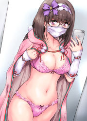Rule 34 | 1girl, bikini, bra, breasts, brown hair, cellphone, cloak, collarbone, commentary request, cowboy shot, fate/grand order, fate (series), frilled bra, frilled panties, frills, glasses, hair ribbon, hairband, hands up, highres, indoors, large breasts, long hair, marugoshi (54burger), mask, medium breasts, mouth mask, navel, osakabehime (fate), panties, phone, pink bra, pink panties, pom pom (clothes), purple-framed eyewear, purple eyes, ribbon, selfie, semi-rimless eyewear, sidelocks, smartphone, smile, solo, surgical mask, swimsuit, thighs, under-rim eyewear, underwear, underwear only, very long hair