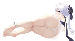 Rule 34 | 1girl, a san san, absurdres, aether gazer, ass, barefoot, feet, highres, long hair, lying, on side, panties, purple eyes, soles, toes, underwear, white background, white hair, zhi ming (aether gazer)