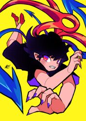 Rule 34 | 1girl, absurdres, asymmetrical wings, black dress, black hair, blue wings, blush, clenched teeth, commentary request, dress, falling, foreshortening, full body, halftone, highres, houjuu nue, leaf st, looking at viewer, nail polish, pointy ears, purple nails, red eyes, red footwear, red wings, sharp teeth, short dress, short hair, short sleeves, signature, simple background, solo, teeth, touhou, wings, yellow background