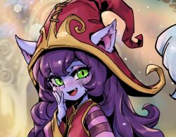 Rule 34 | 1girl, :d, blush, commentary request, dress, duplicate, ears through headwear, fang, freckles, green eyes, korean commentary, league of legends, long hair, lulu (league of legends), open mouth, phantom ix row, pixel-perfect duplicate, purple hair, red dress, red headwear, smile, solo, striped sleeves, yordle
