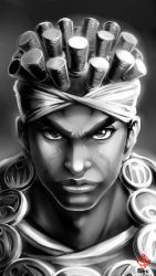 Rule 34 | &gt;:), 1boy, absurdres, bad id, bad pixiv id, close-up, closed mouth, dark-skinned male, dark skin, dreadlocks, facepaint, greyscale, headband, highres, jewelry, jojo no kimyou na bouken, kanchiyo, lips, looking at viewer, male focus, mohammed avdol, monochrome, necklace, portrait, signature, solo, thick eyebrows, upper body, v-shaped eyebrows, watermark