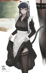 Rule 34 | 1girl, absurdres, alternate costume, animal ears, apron, black eyes, black hair, black shirt, black thighhighs, breasts, cat ears, cat tail, clothes lift, enmaided, expressionless, fake animal ears, fake tail, food, frilled apron, frills, garter belt, garter straps, highres, komi-san wa komyushou desu, komi shouko, large breasts, lifted by self, long hair, long sleeves, looking at viewer, maid, maid headdress, moebaka, no nose, omelet, omurice, parted lips, shirt, signature, skirt, skirt lift, solo, standing, tail, thighhighs, thighs, very long hair