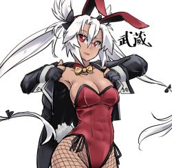 Rule 34 | 1girl, alternate costume, animal ears, bad id, bad twitter id, black coat, black gloves, bow, bowtie, character name, coat, commentary request, cowboy shot, dark-skinned female, dark skin, detached collar, fishnet pantyhose, fishnets, gloves, gold bowtie, kantai collection, leotard, looking at viewer, musashi (kancolle), musashi kai ni (kancolle), pantyhose, partially fingerless gloves, playboy bunny, pointy hair, rabbit ears, rectangular eyewear, red eyes, red leotard, semi-rimless eyewear, silver hair, simple background, solo, strapless, strapless leotard, tailcoat, twintails, udukikosuke, white background, wrist cuffs