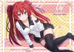 Rule 34 | 10s, 1girl, :q, arm support, black thighhighs, blush, breasts, character name, checkered background, cleavage, hair ribbon, kazenokaze, long legs, looking at viewer, medium breasts, naruse mio, no shoes, pink eyes, red hair, ribbon, school uniform, shinmai maou no testament, skirt, solo, star (symbol), thighhighs, tongue, tongue out, two side up, zettai ryouiki