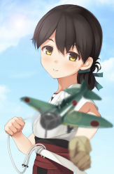 Rule 34 | 10s, 1girl, aircraft, airplane, black hair, brown eyes, brown hair, cloud, cloudy sky, day, folded ponytail, foreshortening, gloves, hakama, hakama skirt, highres, imachireki, japanese clothes, kantai collection, kasuga maru (kancolle), lens flare, looking at viewer, partially fingerless gloves, partly fingerless gloves, red hakama, short hair, short sleeves, skirt, sky, smile, solo, yugake