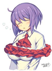 Rule 34 | 1girl, ascot, blush, breasts, bubble, closed eyes, commentary request, dated, frills, hair between eyes, head tilt, iroyopon, large breasts, long hair, nagae iku, no headwear, purple hair, red ascot, shirt, short hair, signature, simple background, sleeping, solo, touhou, upper body, white background, white shirt