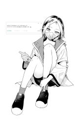 Rule 34 | 1girl, bike shorts, caligula (game), caligula (series), cellphone, character request, commentary request, full body, greyscale, highres, holding, holding phone, jacket, looking at viewer, mameojitan, mask, monochrome, multicolored hair, open clothes, open jacket, phone, respirator, shoes, short hair, sitting, smartphone, sneakers, socks, solo, two-tone hair