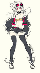 Rule 34 | 1girl, absurdres, black choker, black shorts, black thighhighs, blush, character name, choker, closed mouth, cropped jacket, full body, goggles, goggles on head, grey background, highres, jacket, long sleeves, looking at viewer, navel, niwamaru (niwarhythm), niwarhythm, open clothes, open jacket, original, red eyes, shoes, short hair, short shorts, shorts, simple background, skindentation, solo, stomach, strapless, thighhighs, tube top
