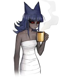 Rule 34 | 1girl, absurdres, animal ears, bandages, bare arms, bare shoulders, black sclera, blue hair, blunt bangs, cat ears, coffee, coffee mug, collarbone, colored sclera, cup, dark-skinned female, dark skin, frown, ghastet (matilda fiship), glaring, highres, holding, holding cup, long hair, looking at viewer, matilda fiship, mug, original, red eyes, simple background, solo, steam, white background