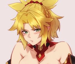 Rule 34 | 1girl, bare shoulders, blonde hair, blush, braid, breasts, cleavage, commentary, detached collar, fate/apocrypha, fate/grand order, fate (series), feguimel, green eyes, hair ornament, lips, long hair, looking at viewer, mordred (fate), mordred (fate/apocrypha), parted lips, ponytail, sidelocks, simple background, solo, upper body