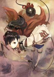 Rule 34 | 1girl, bent over, black hair, brown eyes, cape, foreshortening, from above, full body, hatsuho, hidari (left side), kusari, long hair, looking at viewer, looking up, platform footwear, ponytail, reverse grip, short hair, smile, solo, standing, tareme, thighhighs, toukiden, weapon, white thighhighs