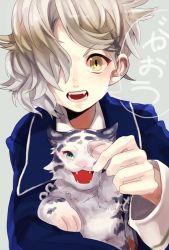 Rule 34 | 10s, 1boy, blonde hair, fangs, gokotai, gokotai&#039;s tigers, hair over one eye, looking at viewer, male focus, occonal, open mouth, tiger, tiger cub, touken ranbu, white tiger, yellow eyes