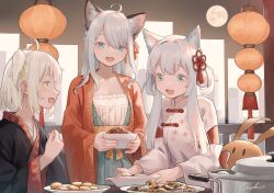 Rule 34 | 3girls, :d, absurdres, alternate costume, animal ear fluff, animal ears, arknights, blue eyes, cat ears, cat girl, china dress, chinese clothes, chinese commentary, collarbone, commentary request, dress, earrings, fang, food, green eyes, highres, jewelry, long hair, long sleeves, mint (arknights), multiple girls, open mouth, rosmontis (arknights), scene (arknights), short hair, skin fang, smile, two side up, welt (kinsei koutenkyoku), white hair