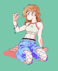 Rule 34 | 1girl, bracelet, brown hair, crop top, denim, fishnet pantyhose, fishnets, green background, halterneck, hand up, holding, jaemin107, jeans, jewelry, leaning to the side, long hair, looking at object, midriff, mole, mole on cheek, navel, no shoes, oekaki, original, pants, pantyhose, profile, sitting, solo, torn clothes, torn jeans, torn pants, wariza, wavy hair