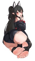 Rule 34 | 1girl, absurdres, animal ear fluff, ass, ass focus, bad id, bad pixiv id, barefoot, black choker, black hair, black jacket, black thighhighs, blush, body writing, choker, commission, cunnilingus gesture, extra ears, foot focus, foreshortening, full body, hair between eyes, hand to own mouth, highres, jacket, long hair, looking at viewer, looking back, off-shoulder jacket, off shoulder, open mouth, original, pharamacom, podo (hrodvitnir), pointy ears, red eyes, short shorts, shorts, simple background, skin tight, soles, solo, stirrup legwear, taut clothes, thighhighs, thighs, toeless legwear, toes, tongue, tongue out, v, white background, writing on ass