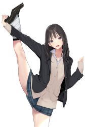 Rule 34 | 1girl, :d, ama mitsuki, bare legs, black eyes, black footwear, black hair, black skirt, blazer, brown cardigan, cardigan, flexible, grey shirt, highres, jacket, jewelry, leg up, leg warmers, loafers, long hair, long sleeves, looking at viewer, miniskirt, necklace, open clothes, open jacket, open mouth, original, plaid, plaid skirt, shirt, shoes, simple background, skirt, smile, solo, split, standing, standing on one leg, standing split, unbuttoned, white background